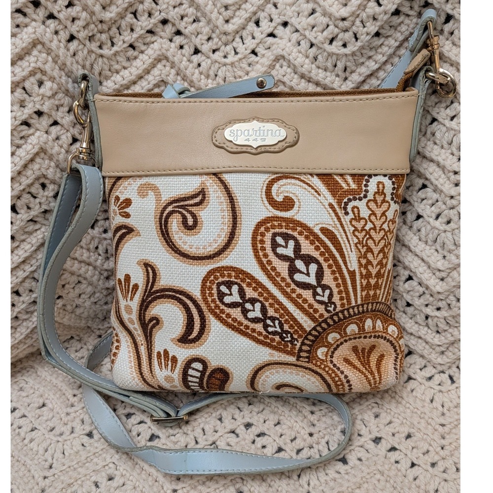 Spartina 449 Crossbody Bag Paisley Linen Leather‎ Daufuskie Island Brown Blue